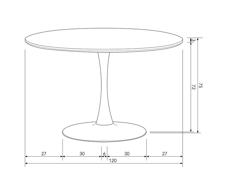 Technische Zeichnung eines runden Tisches mit einem einzelnen Säulenfuß. Der Tisch hat eine runde Platte mit 120 cm Durchmesser, eine Gesamthöhe von 75 cm und eine 3 cm dicke Tischplatte. Der runde Fuß hat einen Durchmesser von 66 cm.