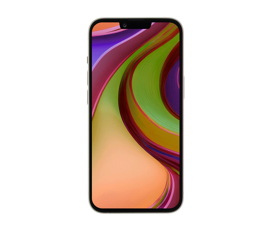 Frontansicht des Apple iPhone 14 128 GB in Polarstern mit abstraktem Farbdesign auf dem Bildschirm.