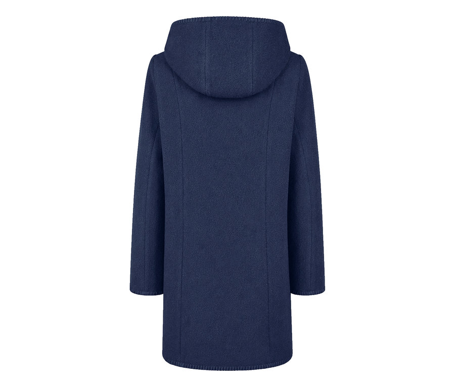 Blauer Barbara Lebek Wollmantel mit Kapuze, von hinten gesehen.