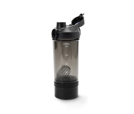 Ein schwarzer Protein-Shaker mit Metallspirale drin.