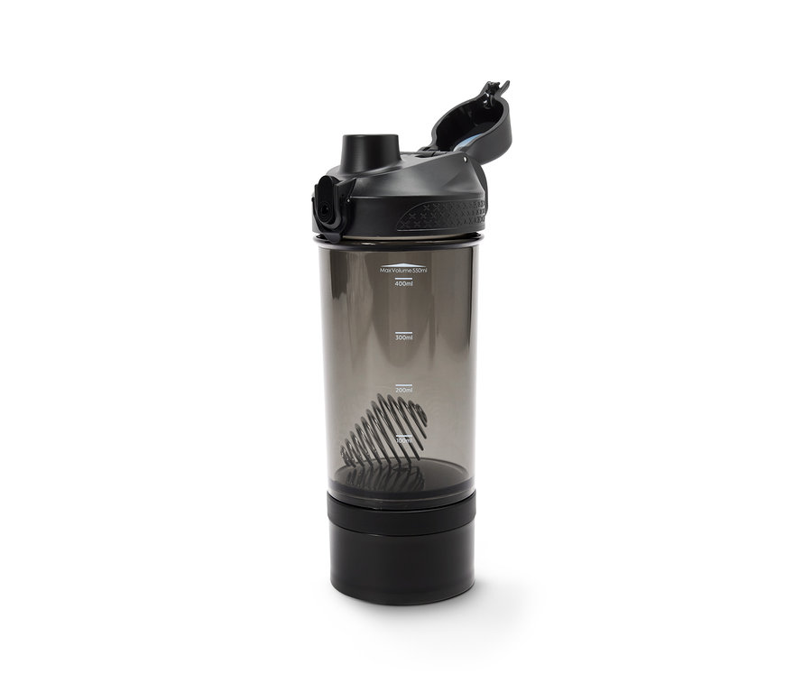 Ein schwarzer Protein-Shaker mit Metallspirale drin.