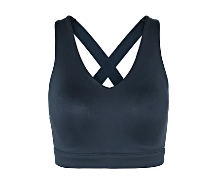 Marineblauer Sport-BH mit überkreuzten Trägern am Rücken.