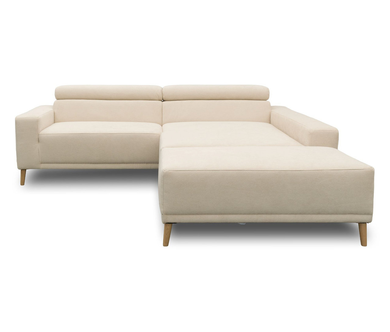 Cremefarbenes DOMO Eck-Schlafsofa »Malmö« mit Longchair rechts und Holzfüßen.