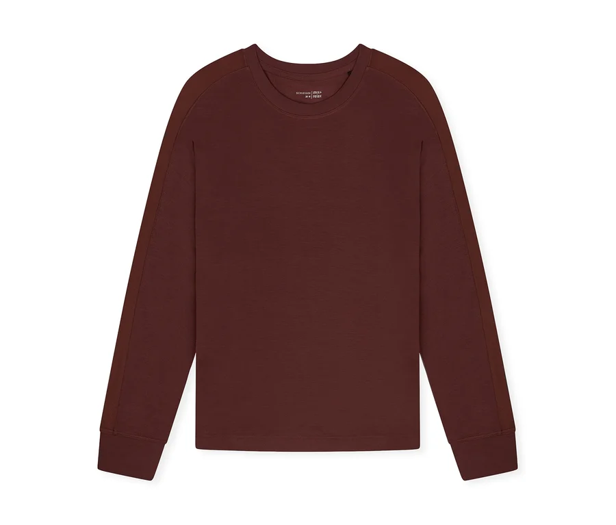 Einfaches dunkelrotes Langarmshirt mit Rundhalsausschnitt und gerippten Bündchen.