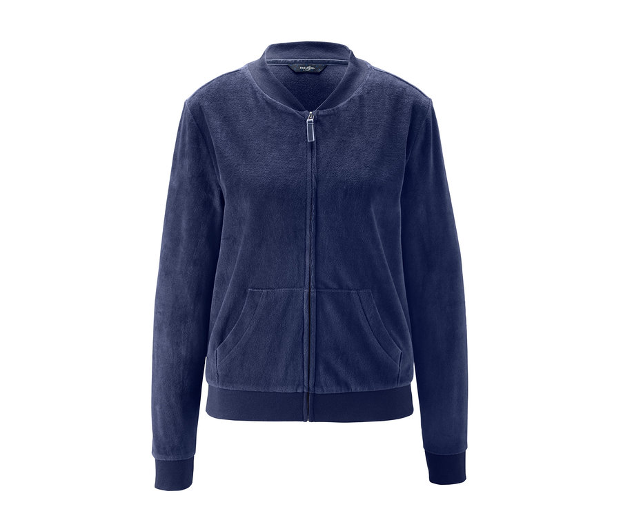 Blauer Nicki-Hausanzug mit langen Ärmeln und Reißverschluss.