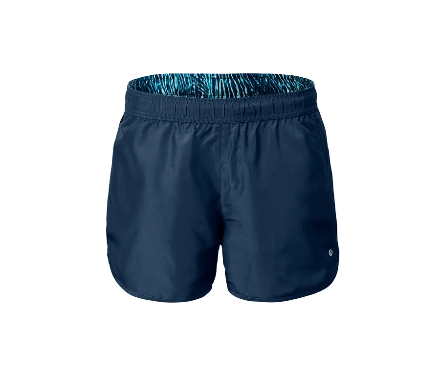 Marineblaue Bade-Laufshorts auf weißem Hintergrund.