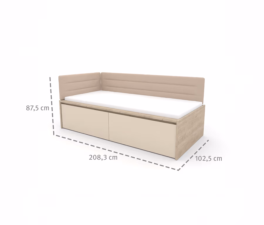 Das Roba Jugendbett »Louisa«, 90 x 200 cm, mit hellbraunem Holzrahmen, hellen Schubladen und beigem Kopfteil.