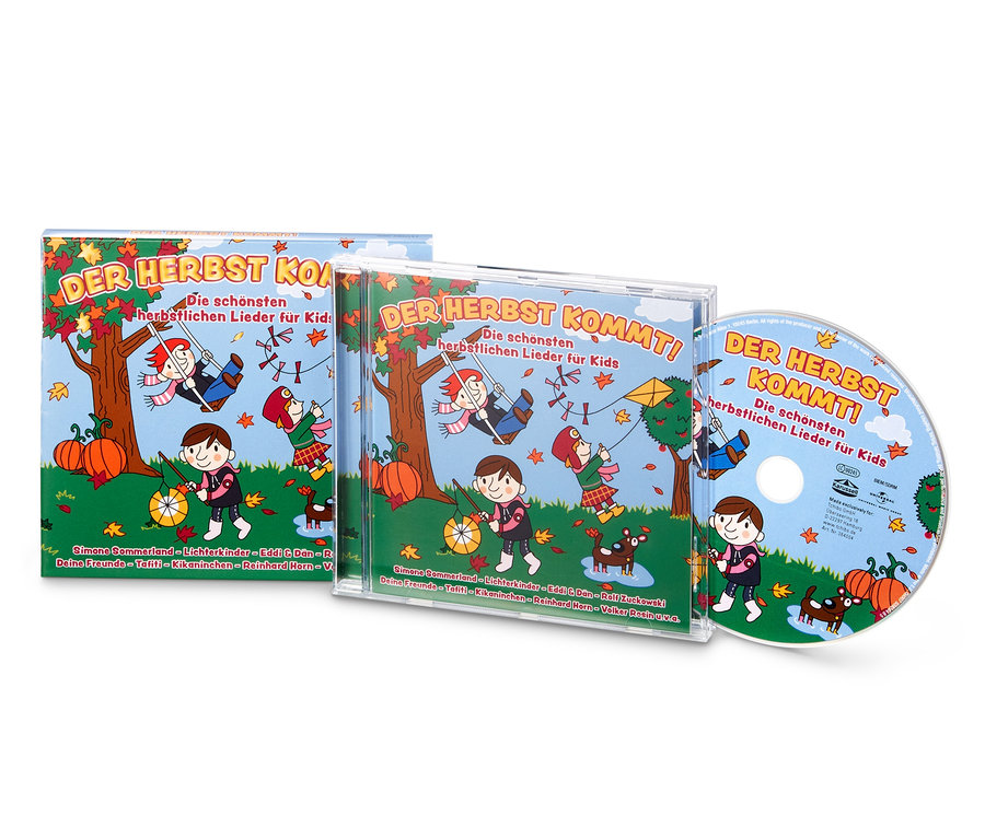 Cover und CD mit Cartoon-Abbildungen von Kindern und Herbstmotiven.