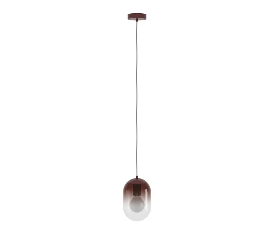 Pendelleuchte mit dunkelrotem Baldachin und einem länglichen, ombre-farbenen Glasschirm, der von Dunkelrot zu Transparent verläuft, mit sichtbarer Glühbirne.