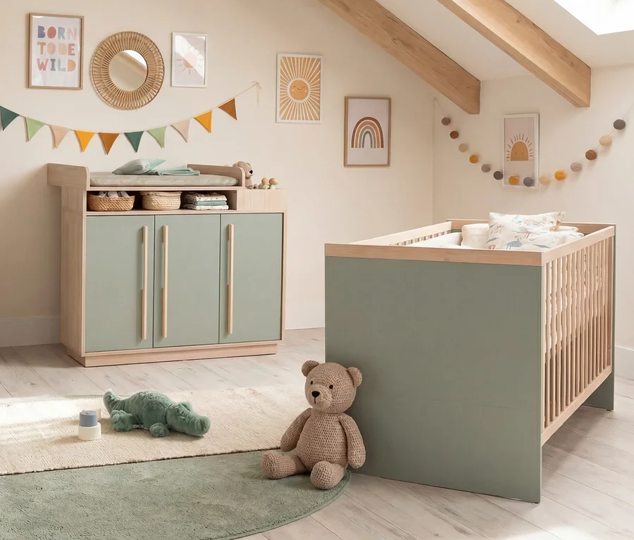 Ein gemütliches Babyzimmer mit Wickelkommode und Babybett in hellem Holz und Salbeigrün. Das Zimmer ist mit Wandbildern von Sonnen und einem Regenbogen, dekorativen Girlanden und einem runden Flechtspiegel ausgestattet. Ein gestrickter Teddybär und ein Stoffkrokodil liegen auf zwei Teppichen auf dem Holzboden.