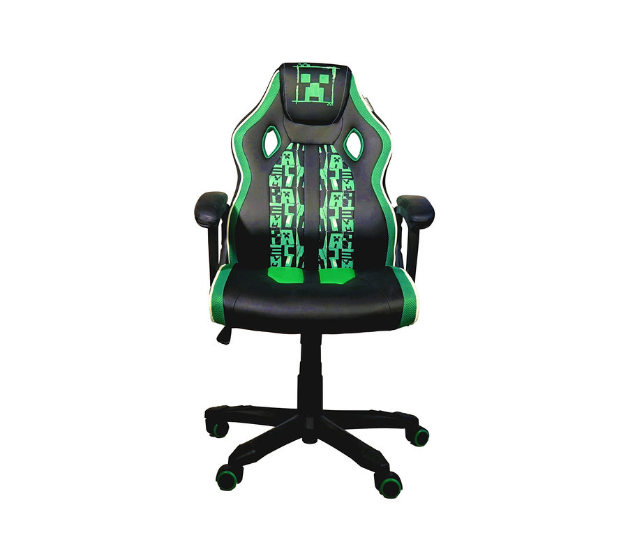 Ein schwarzer und grüner Gaming-Stuhl mit Creeper-Muster.
