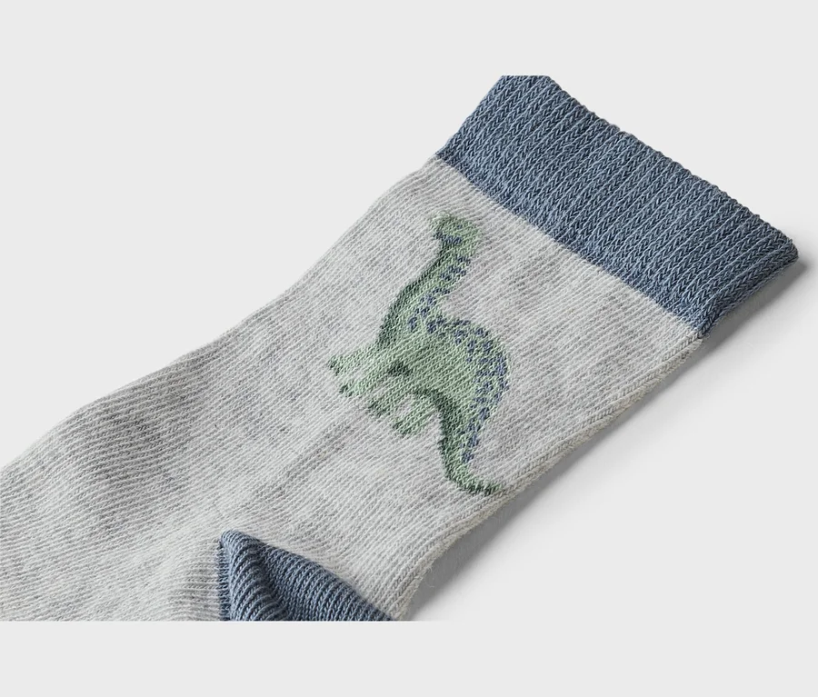 Nahaufnahme einer grauen Socke mit blauem Bündchen und einem grünen Dinosaurier-Motiv.