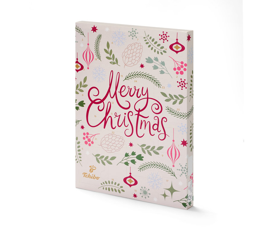 Ein Tchibo-Adventskalender mit der Aufschrift Merry Christmas und weihnachtlichen Motiven.