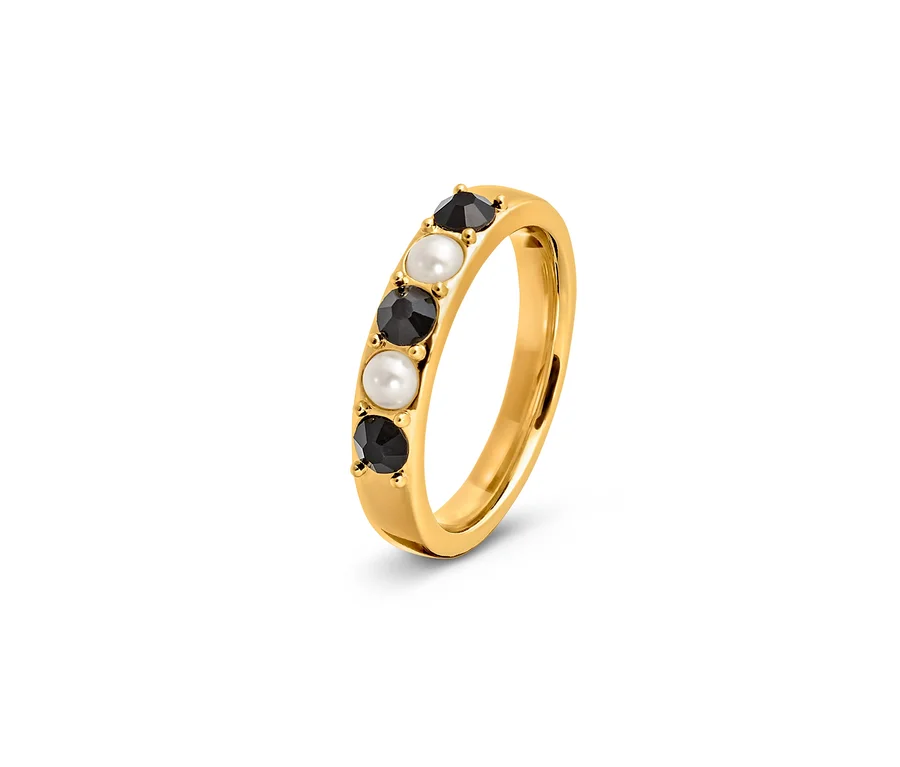 Goldener Ring Black and White mit schwarzen und weißen Steinen.