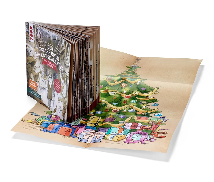 Ein aufgeschlagenes Buch »Der Escape Room Adventskalender – eine Weihnachtsgeschichte« steht auf einem aufgefalteten Papier mit der Illustration eines Weihnachtsbaums und Geschenken.