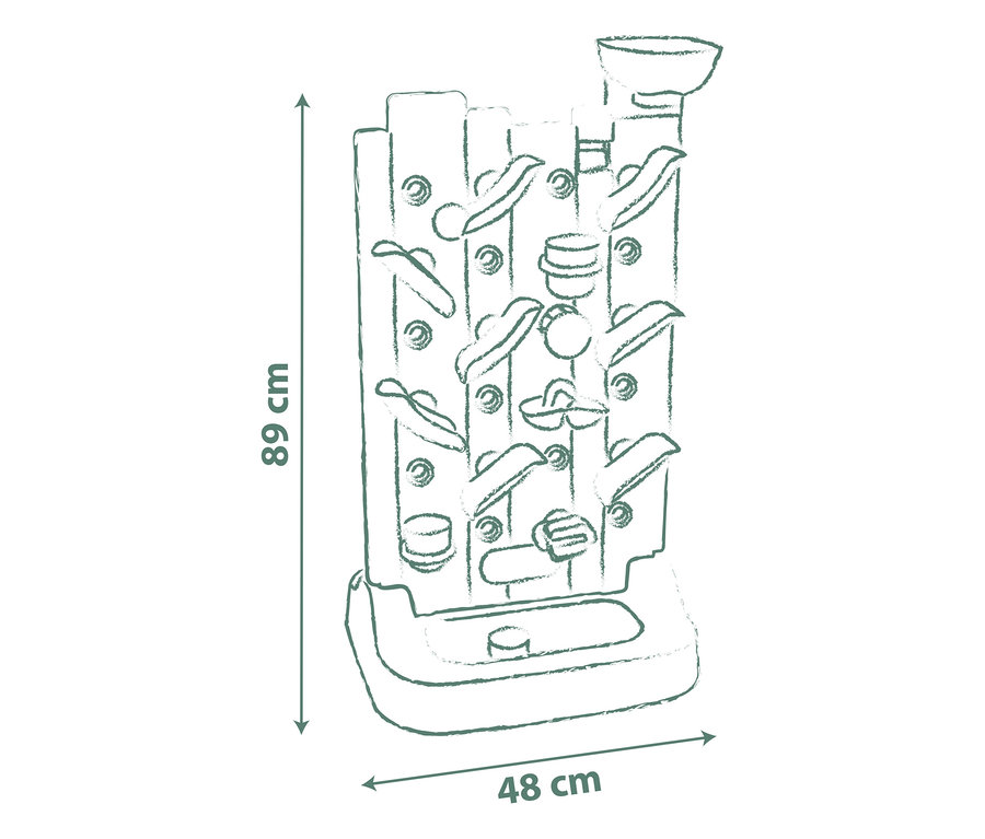 Strichzeichnung einer Smoby Life Activity Wall, einer vertikalen Spielstruktur mit verschiedenen interaktiven Elementen, 89 cm hoch und 48 cm breit.