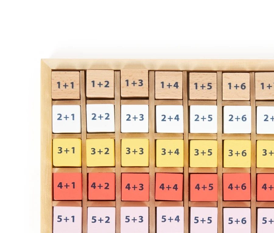 Holztabelle mit farbigen Quadraten mit mathematischen Beispielen in einem Rahmen.