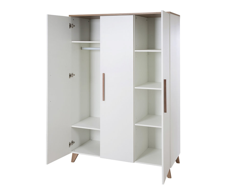 Weißer Kleiderschrank mit geöffneten Türen, die Regale und eine Kleiderstange zeigen, Teil des roba Kinderzimmersets »Ole«.