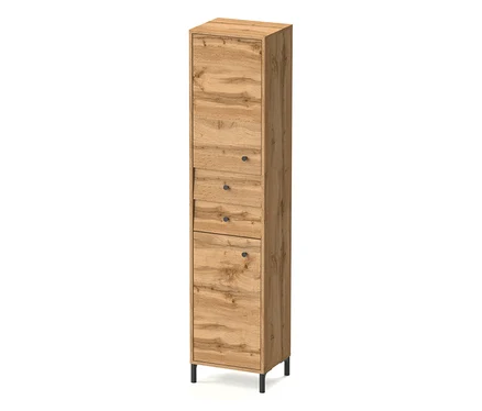 Hochschrank aus Eiche mit einer oberen Tür, drei schrägen Schubladen und einer unteren Tür, stehend auf schwarzen Beinen.