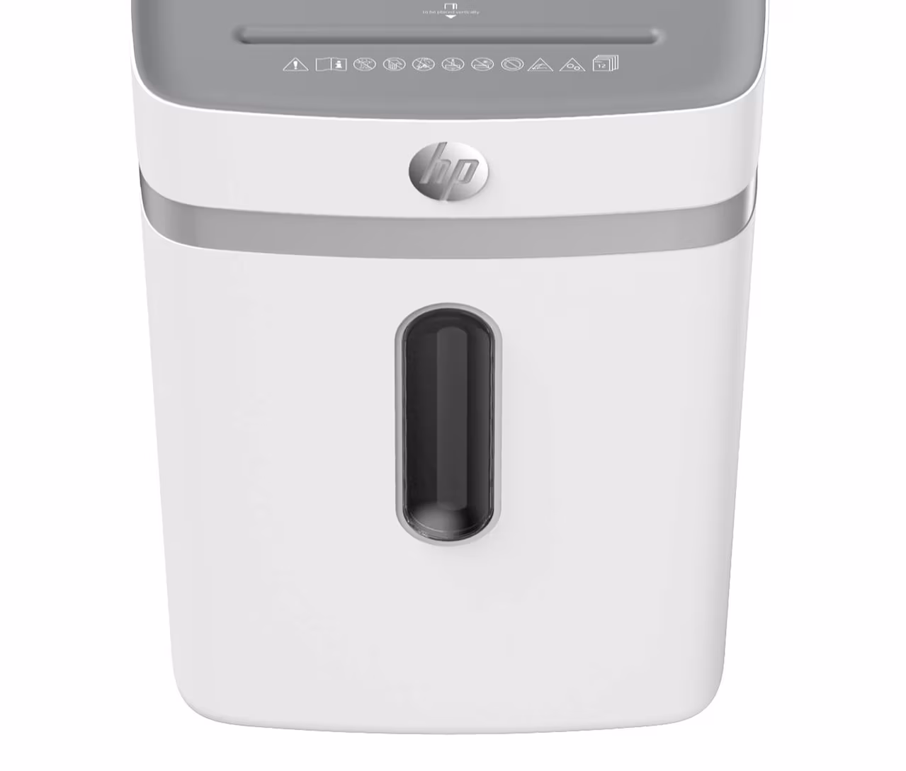 Ein weißer HP OneShred 12CC Aktenvernichter mit grauem Oberteil.