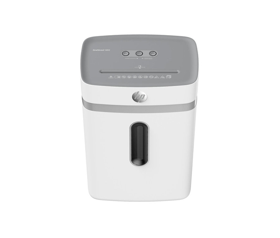 Ein weißer HP OneShred 12CC Aktenvernichter mit grauem Oberteil.