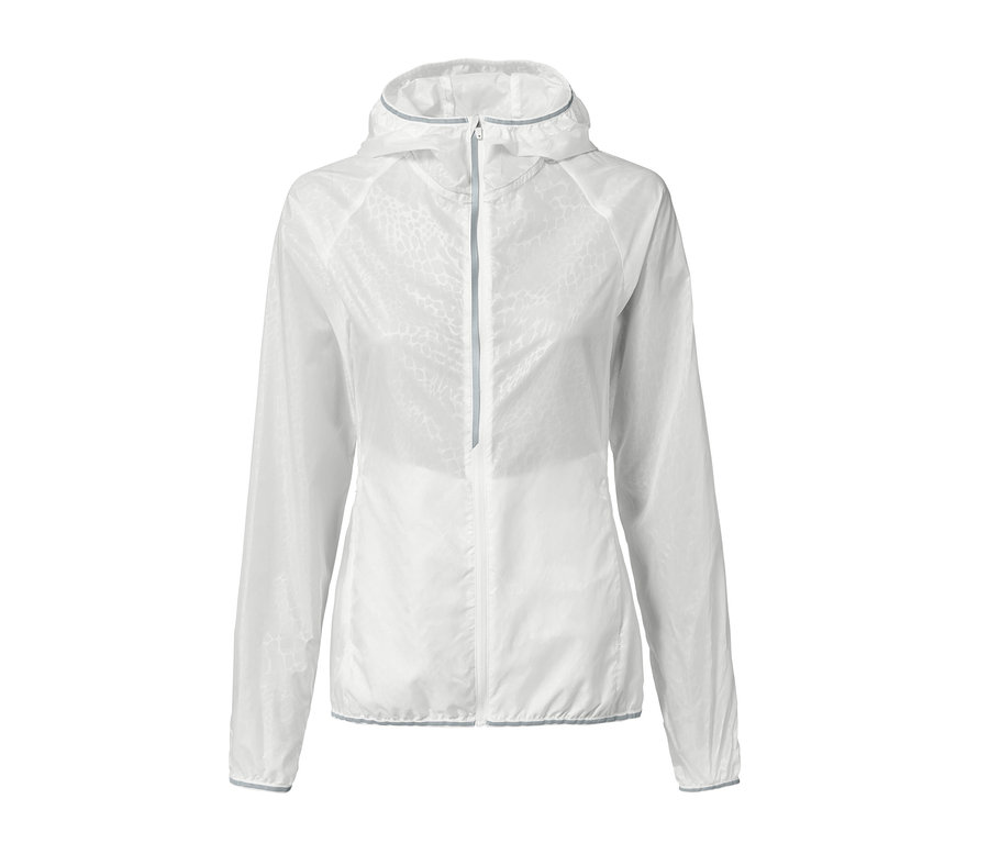 Weiße Lightweight-Laufjacke mit Kapuze und silbernem Reißverschluss.