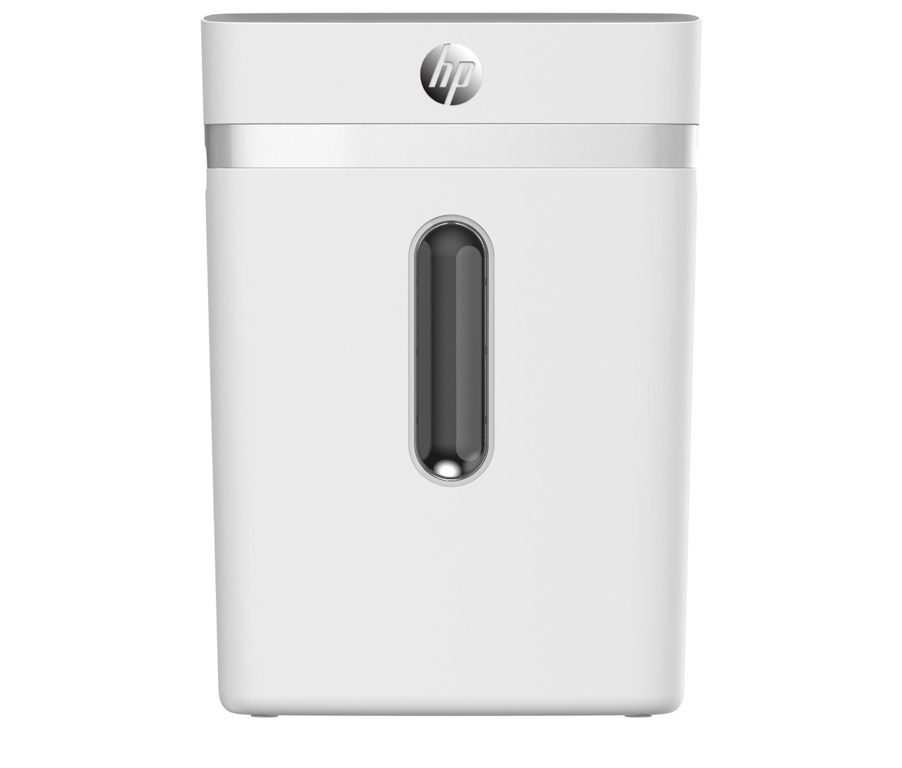 Ein weißer HP OneShred 12CC Aktenvernichter auf weißem Hintergrund.