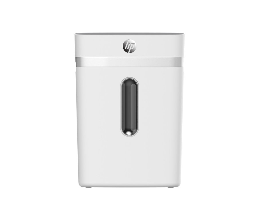 Ein weißer HP OneShred 12CC Aktenvernichter auf weißem Hintergrund.