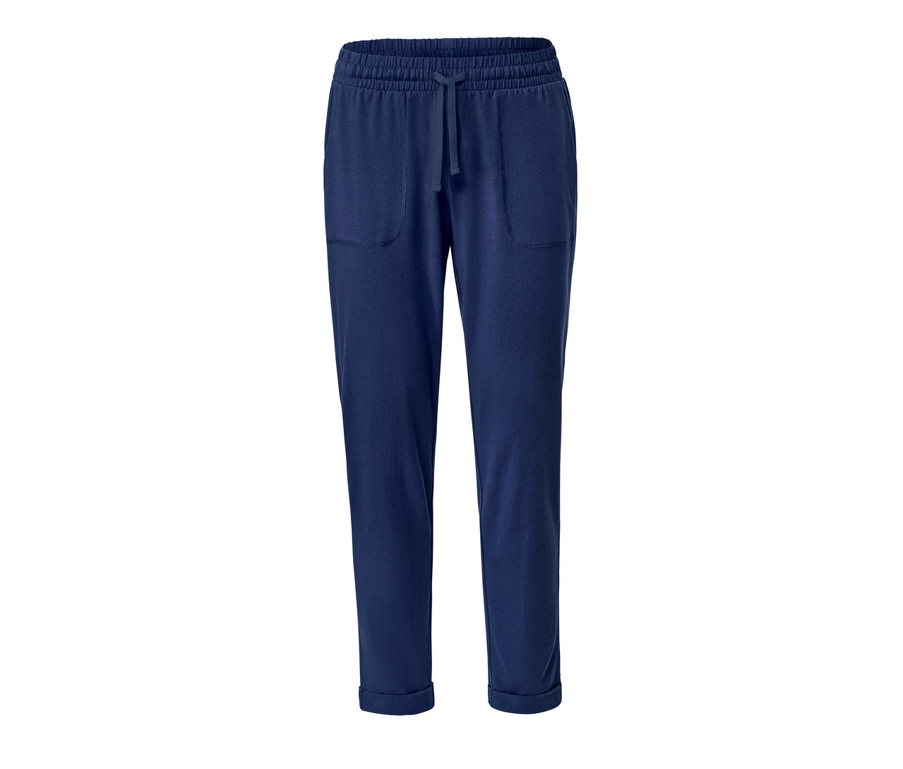 Marineblaue Relaxhose mit Kordelzug und Taschen.
