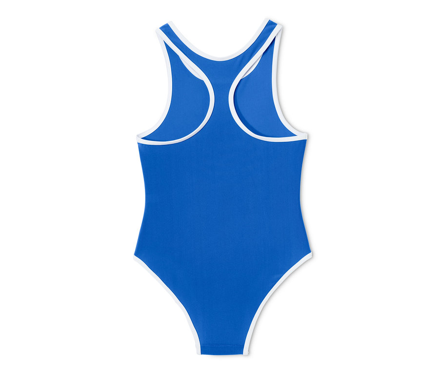 Blauer Badeanzug mit weißen Rändern.
