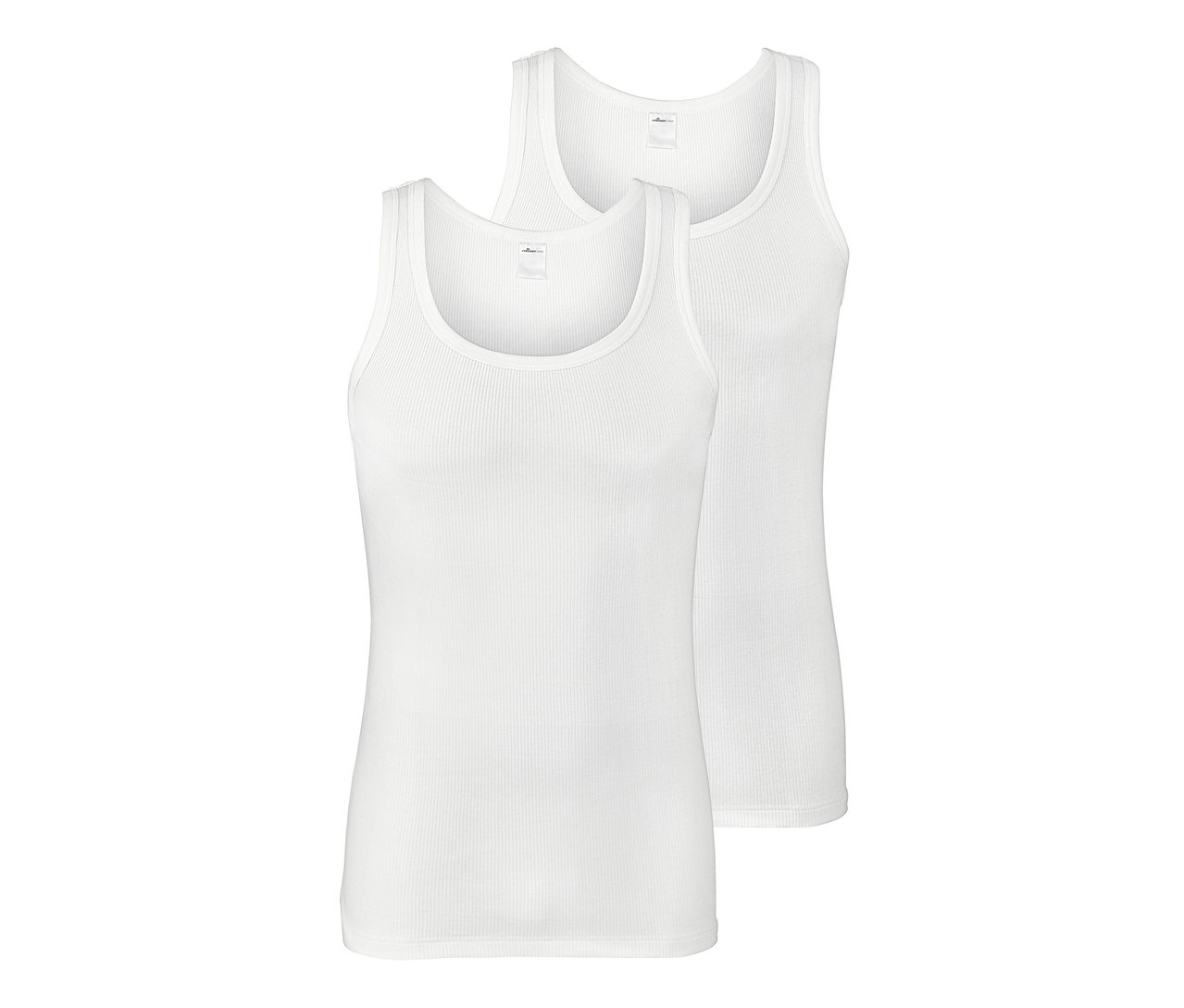 Zwei weiße Unterhemden mit Rippstruktur.
