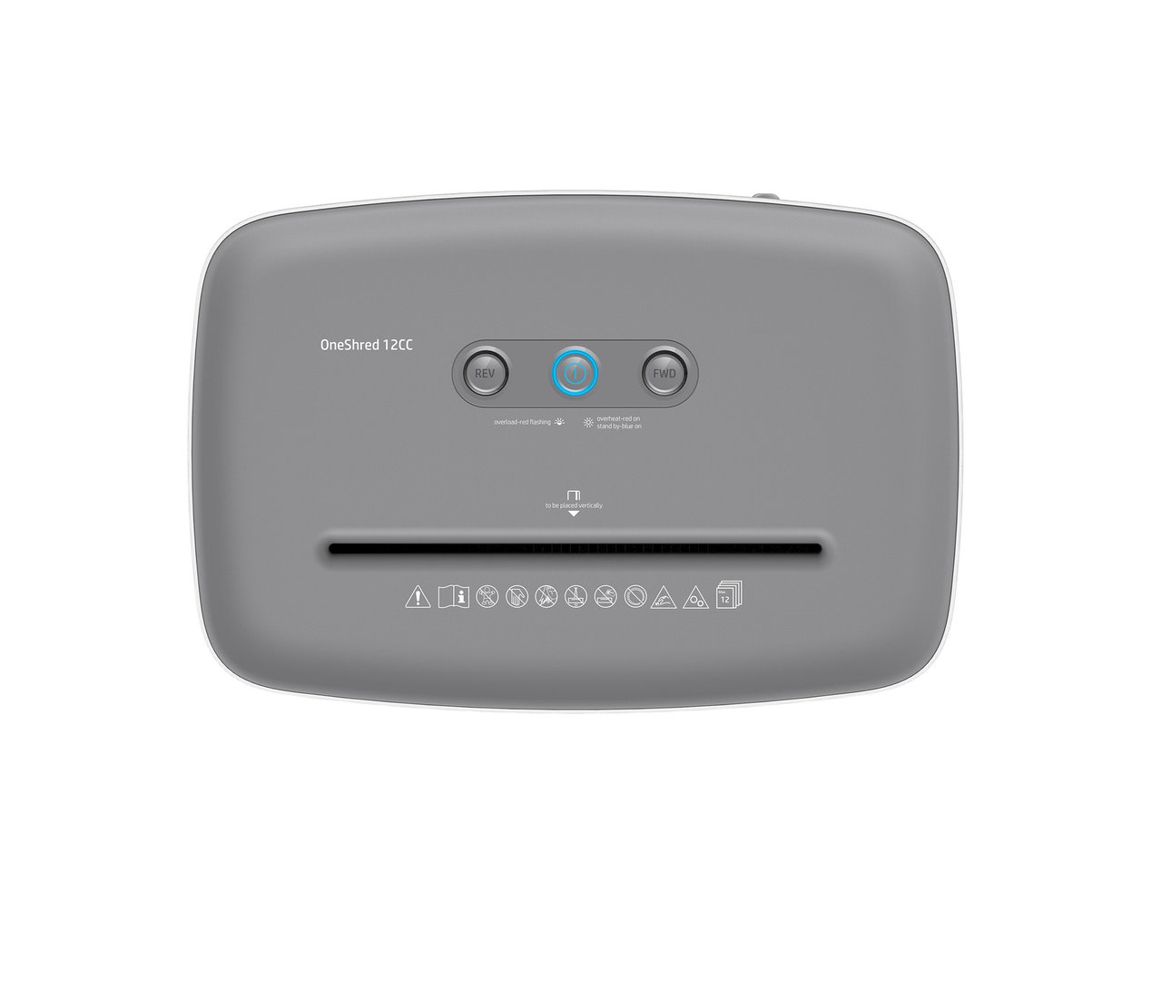 Draufsicht auf den grauen Aktenvernichter HP OneShred 12CC.