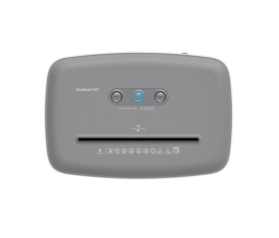 Draufsicht auf den grauen Aktenvernichter HP OneShred 12CC.