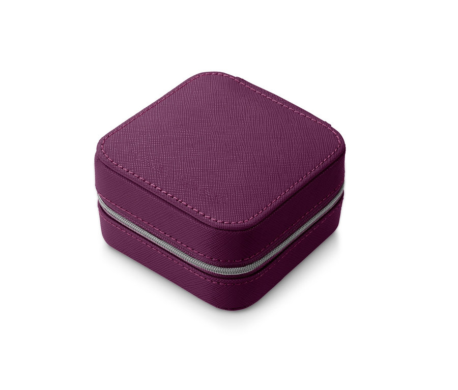 Ein kleines, lila Schmuckkästchen mit silbernem Reißverschluss.