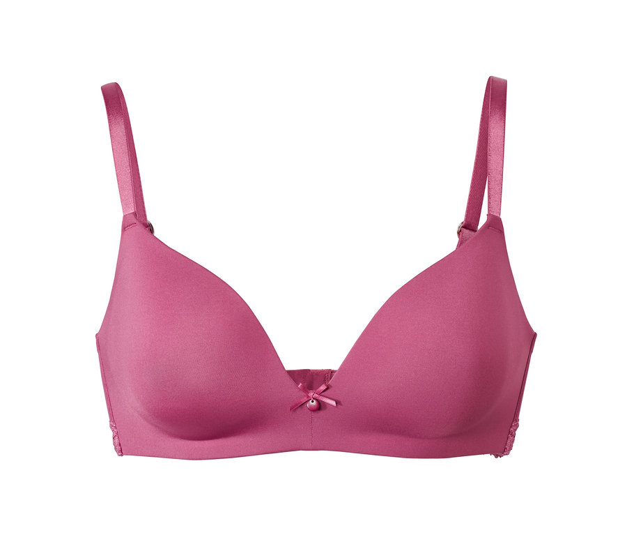Detailaufnahme eines rosafarbenen Softschalen-BHs für Damen auf weißem Hintergrund.