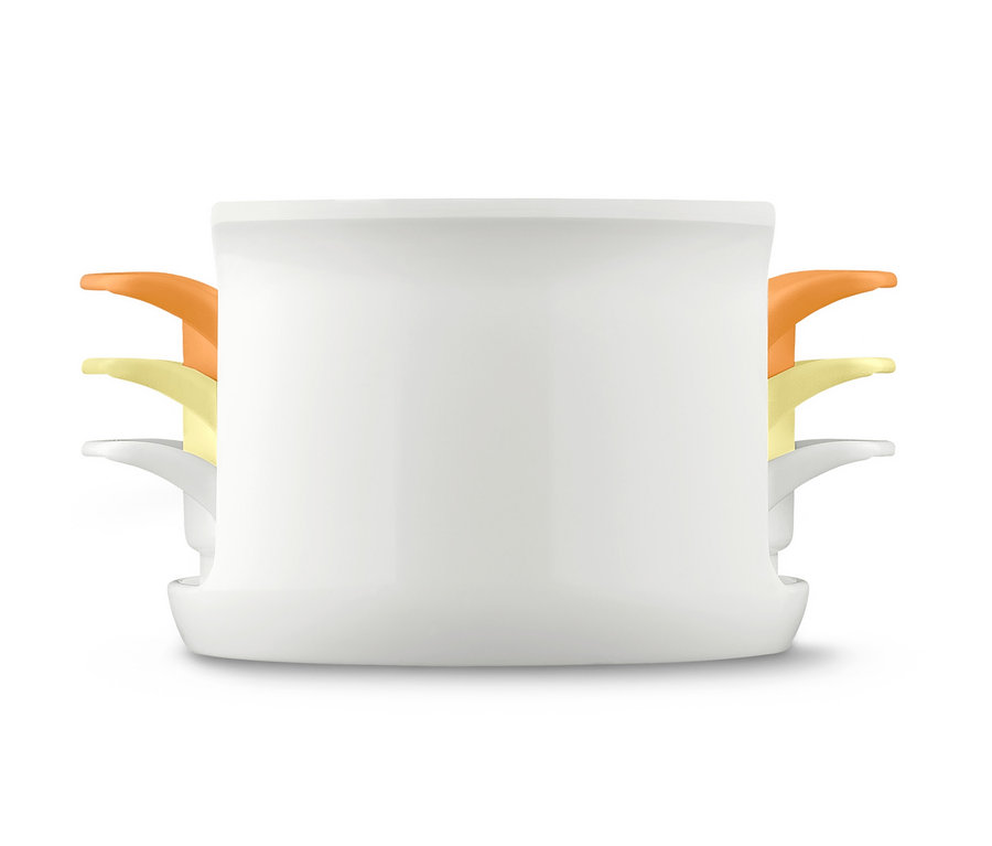 3-in-1-Ei-und-Mozzarella-Schneider mit orangefarbenen, gelben und weißen Einsätzen.