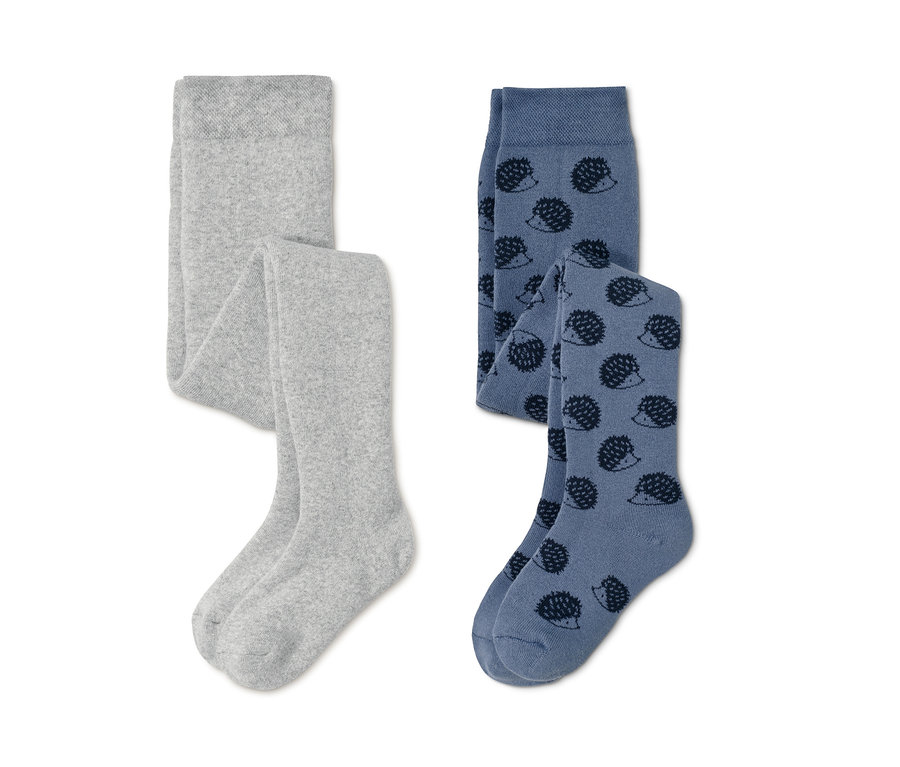 Zwei Thermostrumpfhosen: eine graue, eine blaue mit Igelmuster.