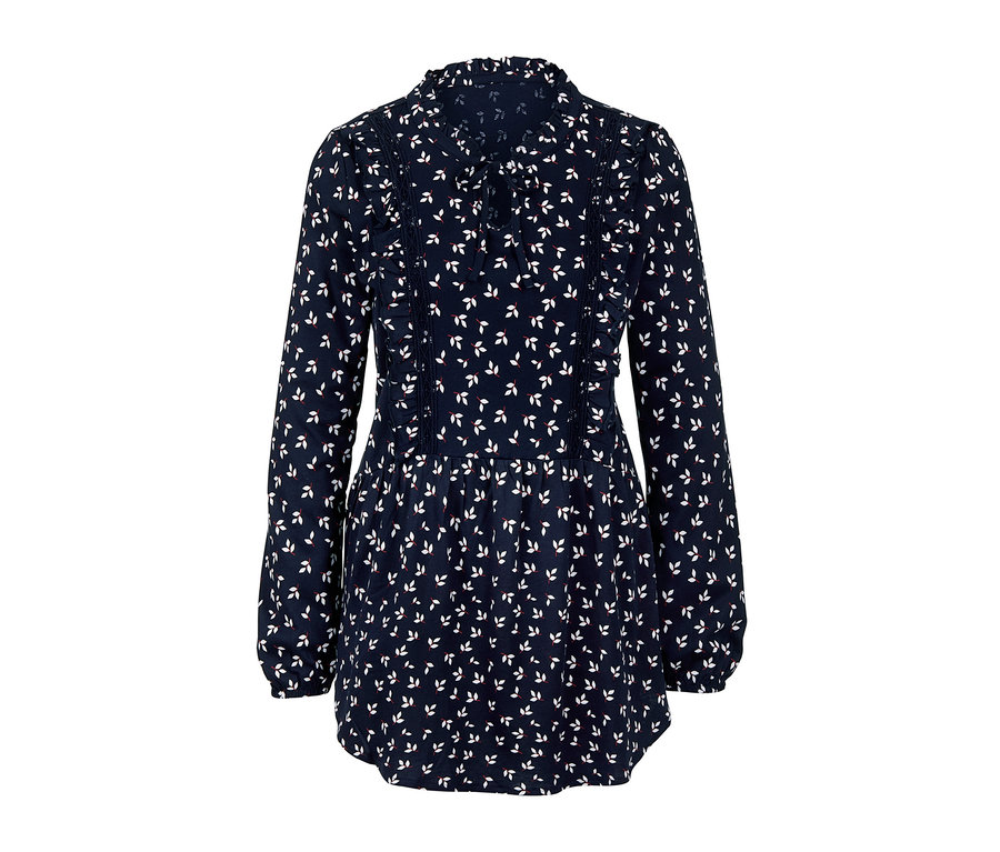 Marineblaues bedrucktes Longshirt mit weißem Blattmuster.