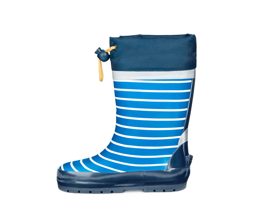 Blauer Kinder-Regenstiefel mit weißen Streifen.