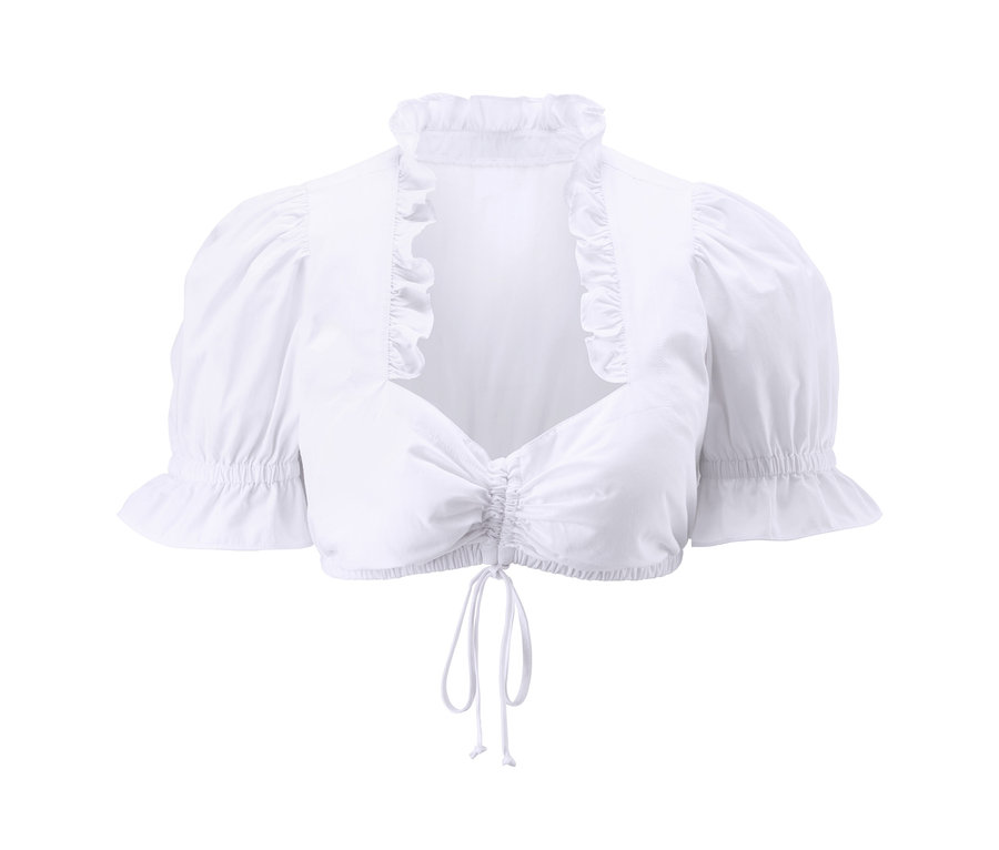 Weiße Dirndl Bluse mit kurzen Puffärmeln und Rüschen am Kragen.