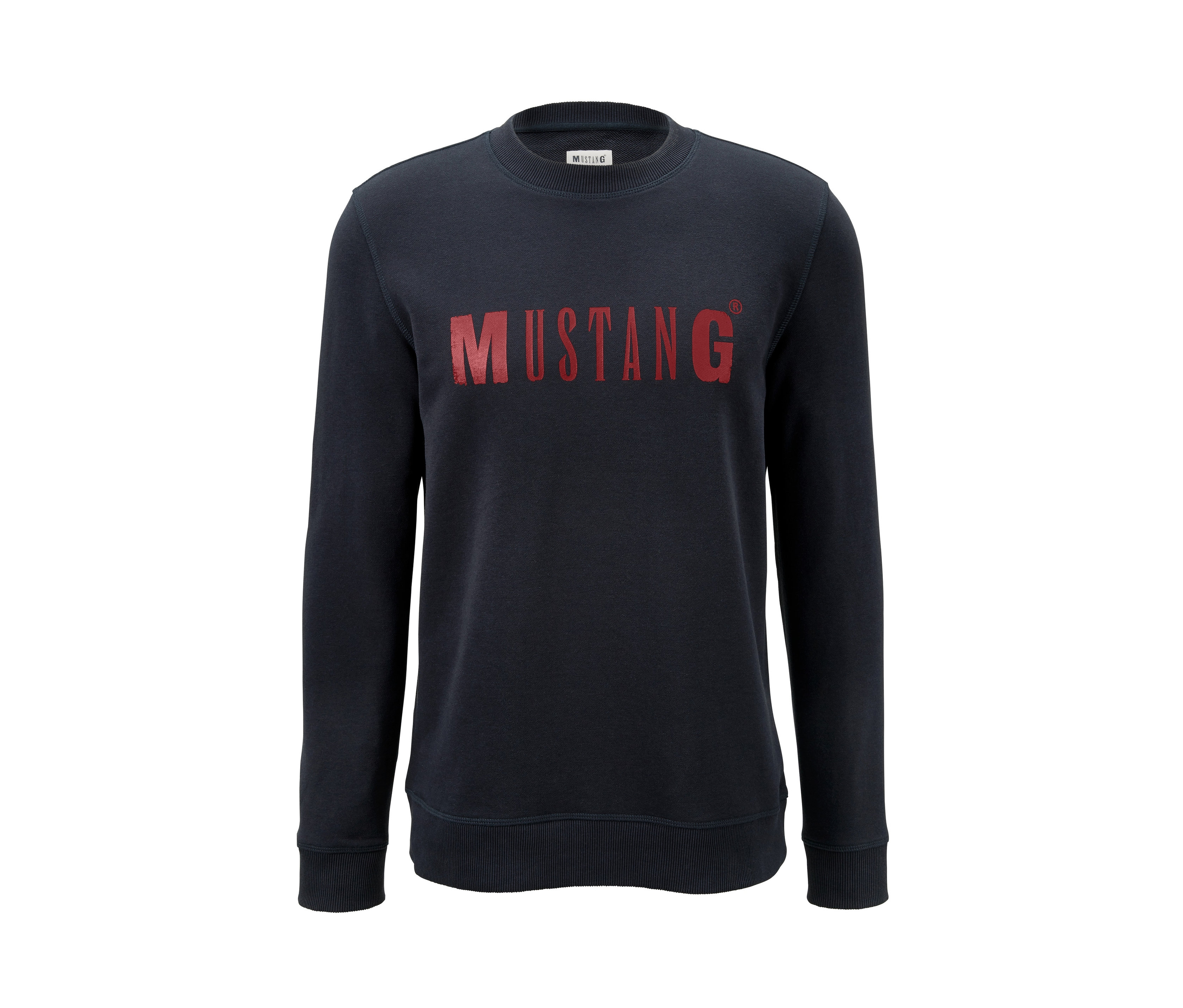 Dunkelblaues Mustang Sweatshirt mit rotem Schriftzug.