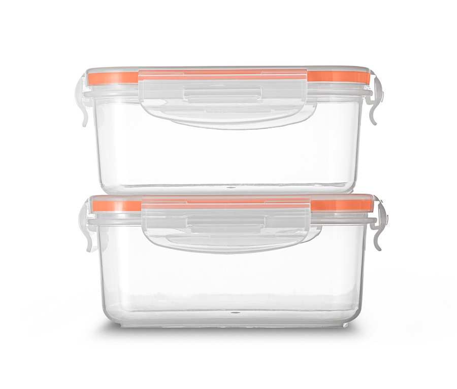 Zwei durchsichtige Frischhaltedosen-Sets mit orangefarbenen Deckeln sind übereinander gestapelt.