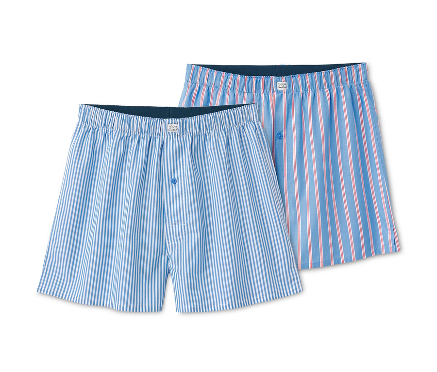 Zwei Web-Boxershorts mit blauen und roten Streifen.