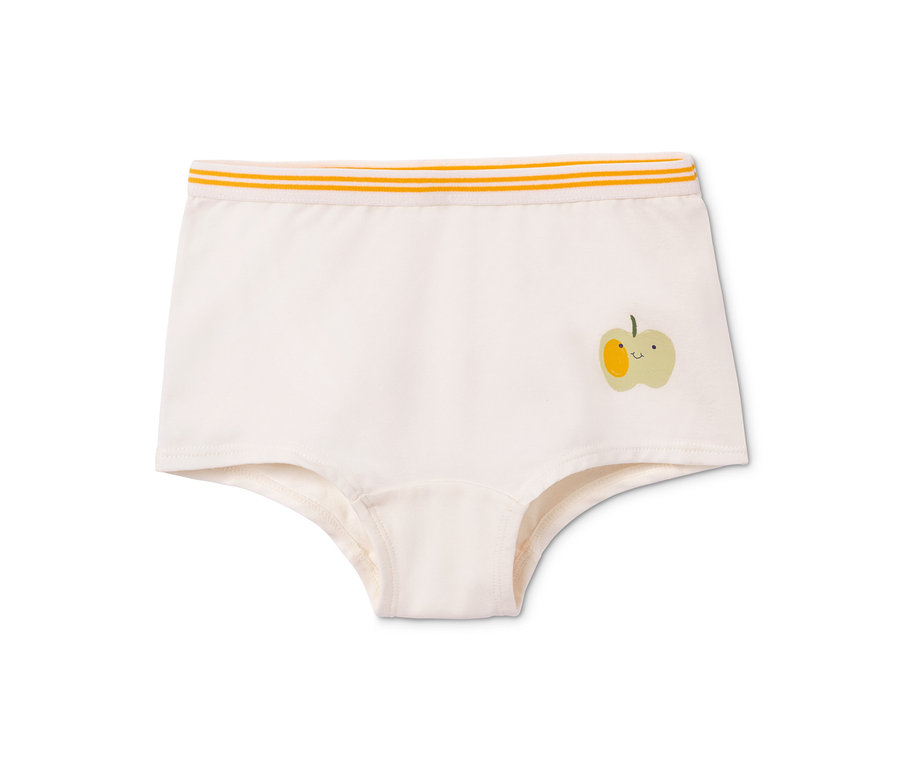 Ein einzelner, cremefarbener Schlüpfer aus einem 3er-Pack Pantys, verziert mit einem Apfel-Motiv und gelben Streifen am Bund.