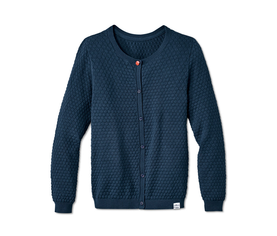 Eine blaue Strickjacke mit Knöpfen.