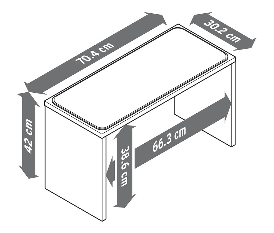 Schema einer Sitzbank mit Aufbewahrungskisten und Echtholz-Multiplexkanten, die die Abmessungen zeigt.