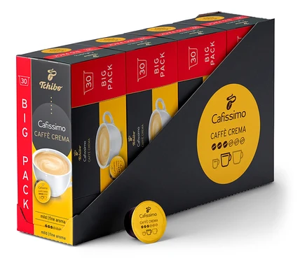 Eine Packung mit 120 Kapseln Cafissimo Caffè Crema mild in einer schwarz-rot-gelben Verpackung. Eine Kapsel liegt vor der Packung.