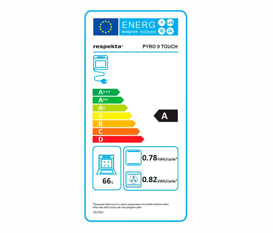 Energielabel des Respekta®-Einbaubackofens »Pyro 9 Touch«, 66 Liter, A (von A+++ bis D).