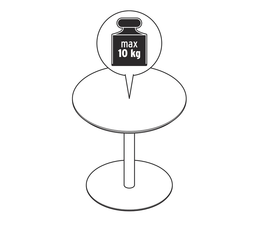 Skizze eines runden Design-Beistelltischs mit einer maximalen Traglast von 10 kg.