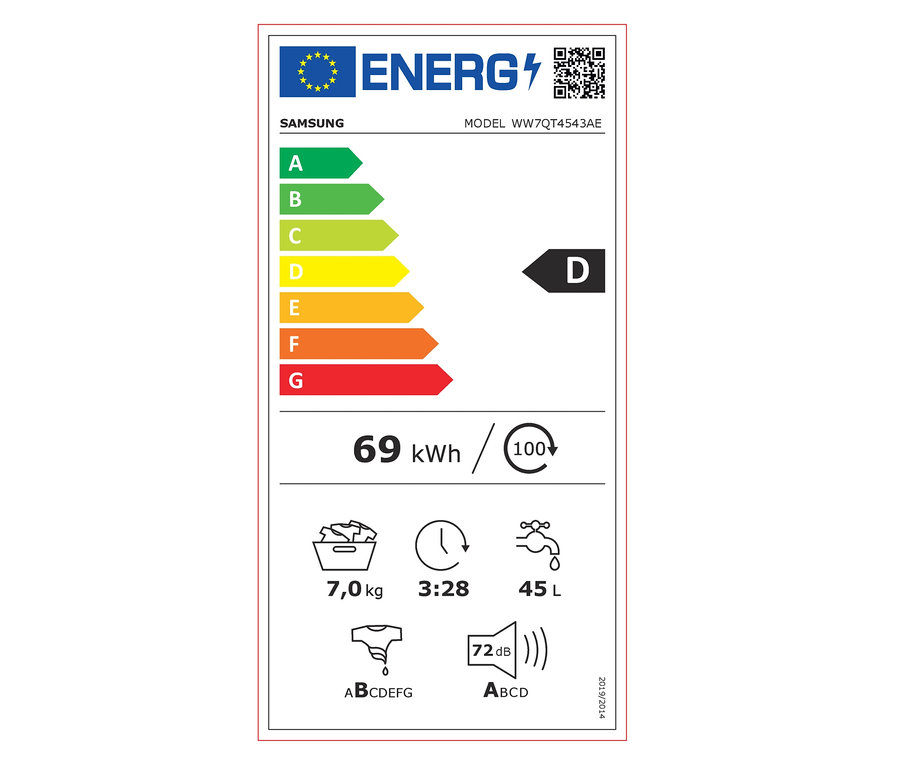 Energielabel der Samsung Waschmaschine WW7QT4543AE, 7 kg, mit der Energieeffizienzklasse D.